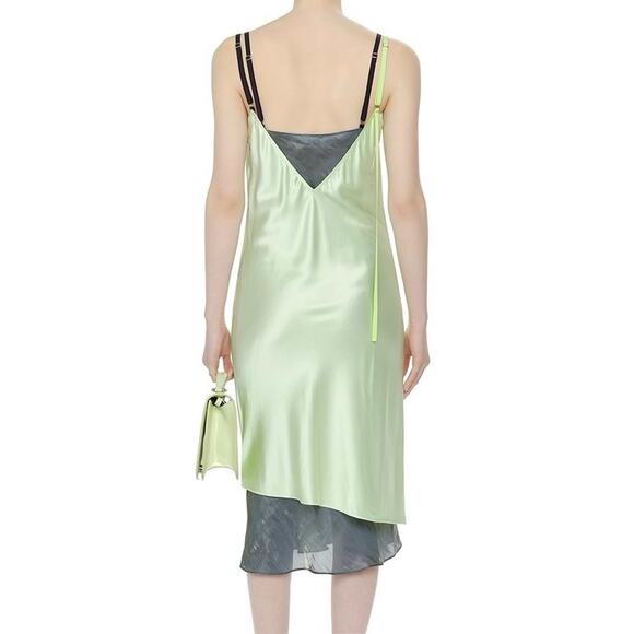 Helmut Lang Green Silk Slip Dress Sz 2 NWT Layered Sheer Hem Bias Cut Cocktail - Picture 4 of 8